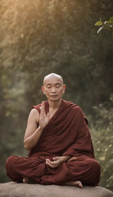 An old monk sits on a large rock，Extremely old monk，（Pray in a lotus pose），Buddhist monk meditation, On the road to enlightenment, Man has a deep connection with God, Zen meditation,brown robe，(Rear view)，from back，After the solution，Big light，Buddhism，Bea...