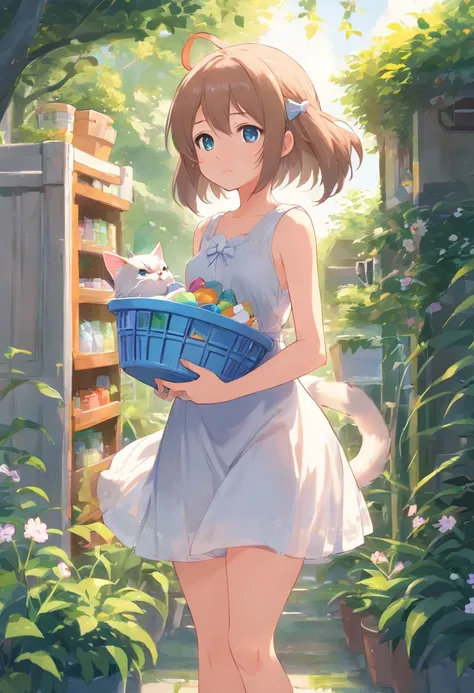 Cat-eared girl in white dress standing in garden, Break，silber hair，eBlue eyes，(((Sleeveless)))，Hang laundry to dry，Holding a laundry basket with clothes，loli in dress, small curvaceous loli, Guviz-style artwork, Guweiz in Pixiv ArtStation, Guweiz on ArtSt...