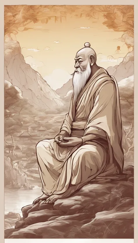 An old monk sits on a large rock，Extremely old monk，（Pray in a lotus pose），Buddhist monk meditation, On the road to enlightenment, Man has a deep connection with God, Zen meditation,Brown robe，(rear view)，from back，rear angle，Great light，buddhism，beautiful...