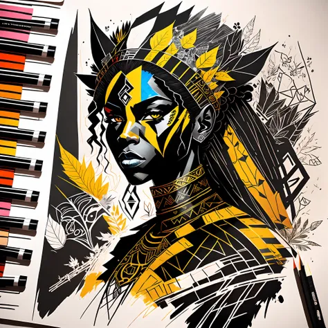 bits of color, furistic Sketch book, hand drawn, dark, gritty, realistic sketch, Rough sketch, mix of bold dark lines and loose lines, bold lines, on paper, black woman queen, earth-bender, leaves, tribal paint, light theme, --auto --s2