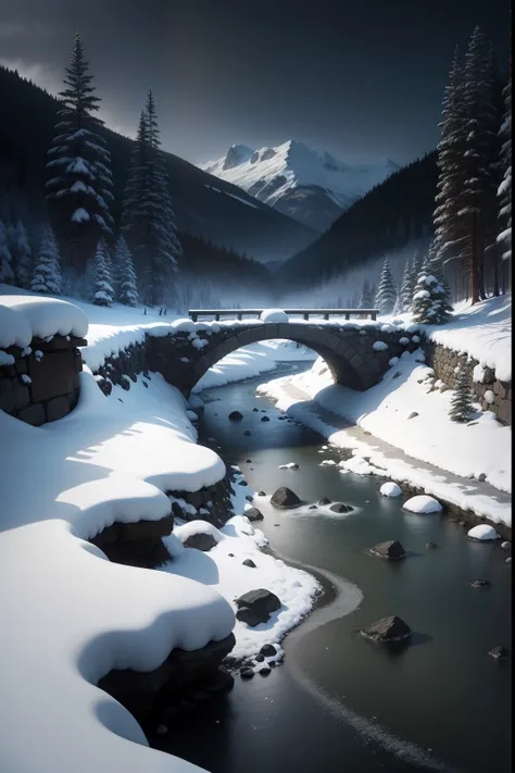 A painting of a winter landscape, pine trees, snow on ground, a winding river with a destroyed stone bridge, eerie night time light, dark sky.