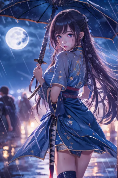 8k, High Resolution, high contrast, beautiful girl, beautiful body, full body, long hair, blue eyes, beautiful face, japanese dress, short skirt, cleavege, moonlight, wet ground, lot of stars in the sky, raindrops, dark blue sky, holding a katana,