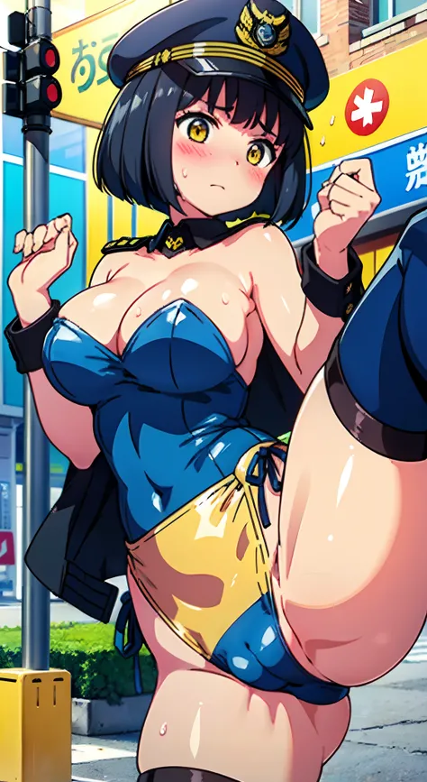 (Perfect body),Best Quality,masuter piece、(8K Portrait),(Official art)、(((Police Woman)))、Police Hat、Navy blue jacket、(((Serious)))、embarrassed from、(((blush))),(Sweat),((((large udder))))、((((Big ass))))、(Black hair),((bob cuts))、(Yellow eyes),(((thick th...