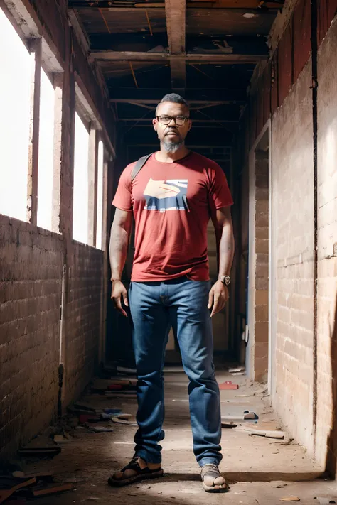 guttoepic2, Fotografia profissional debum.Man in glasses, vestindo camiseta vermelha com maga preta, bermuda jeans, botina de aventura, Standing in an unfinished building. Com chao cheio de licho e escombros. Iluminacao ambiente, octane render, 8k