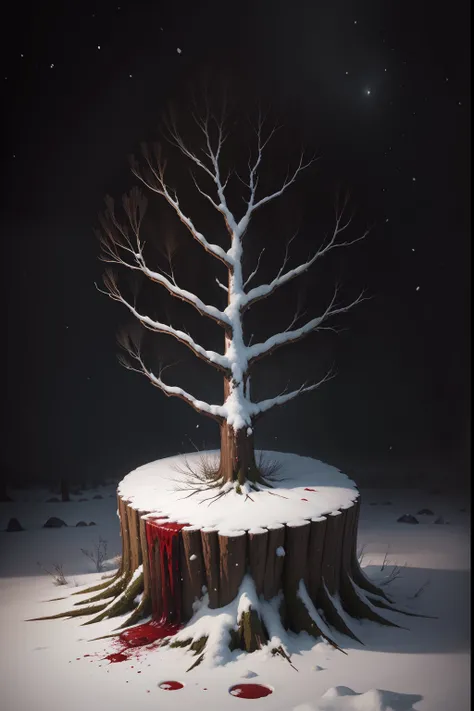 A painting of a tree stump with blood dripping off, snow on ground, winter, eerie night time light, dark sky.