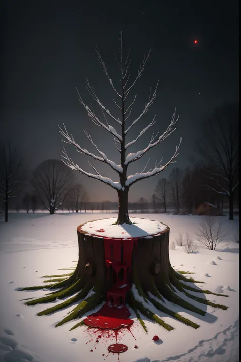 A painting of a tree stump with blood dripping off, snow on ground, winter, eerie night time light, dark sky.