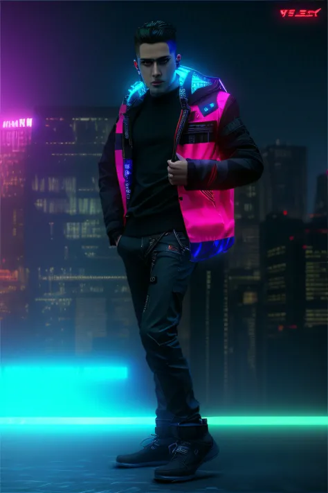 change background cyberpunk , handsome boy , realistic face , 8k , ultra realistic