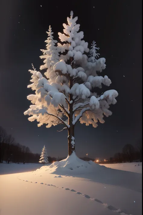 A painting of a small, weak, bent over tree, covered in snow, winter, night time light, dark sky.