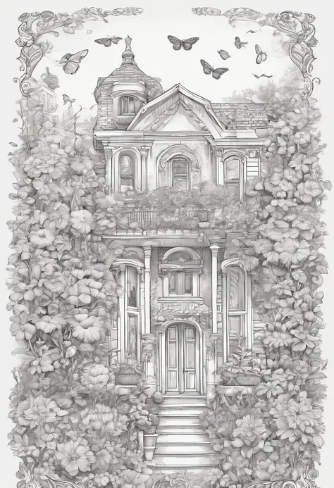 Un dibujo de una casa en un frasco con flores y mariposas, beautiful detailed illustration, very detailed illustration, Dibujo detallado del boceto, Dibujo muy detallado, Boceto detallado en blanco y negro, Detailed ink illustration, Detailed and intricate...