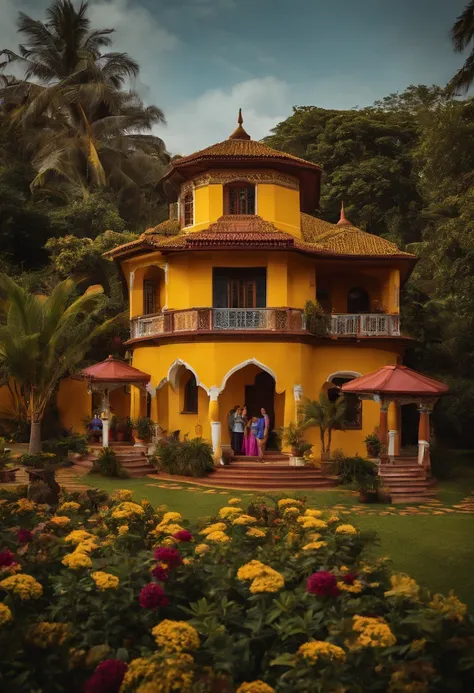 family and friends laughing outside a house, 插圖, com apenas tons de roxo e amarelo e uma mandala escondida em algum lugar