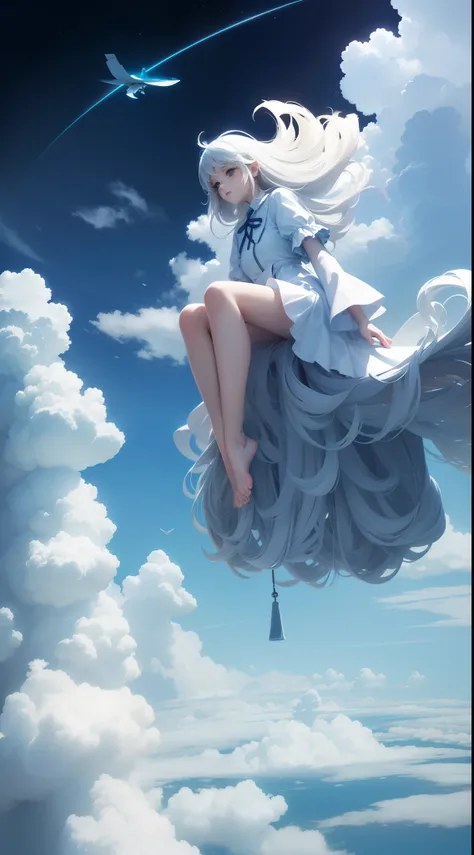 (a girl sitting on thebeautiful fluffy clouds,feet entangled in clouds and mist,girl body made up of cloud:1.25),(cowboy shot,ab...