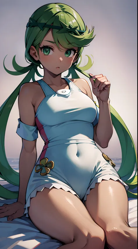 finely detailed, high resolution, full hd, zodiac_mallow, green hair, dark skin, twin tails