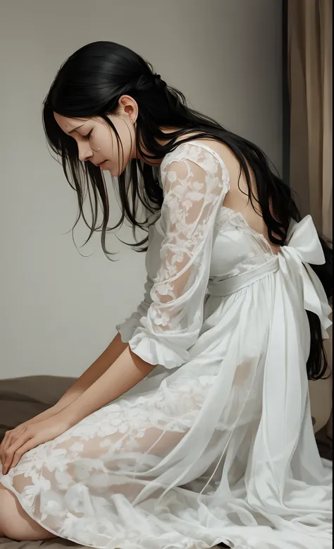 picture of a woman in a white dress, long black hair, kneeling, bowed, from behind, crying, her mother lying, dead on bed, --auto --s2