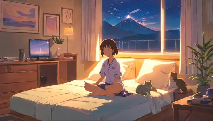 obra-prima, melhor qualidade, filme ainda, 1girl, Uma menina meditando em seu quarto em cima da cama ao lado de seu gato