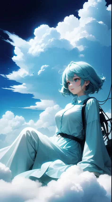 (a girl sitting on thebeautiful fluffy clouds,Feet entangled in clouds and mist,cloud sea Under the Girl feet:1.25),(Cowboy shot,above knee portrait:1.25),Aerial view,Concept art,sky,windy,beautiful fluffy clouds,anime,flowers,surrealism painting,ultrafine...