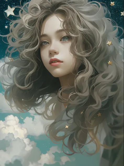 Skysky，Portrait of a beautiful girl，curlies，long hair floating in the wind，beautiful cloud，Cloud wraps girl，Clothes made of clouds，Decorate with stars，Messy painting style，