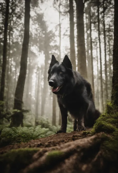 Lucas Bracey, In the middle of the forest a fierce dog, white dog, muita pelagem, 8k, Foto RAW, (pele altamente detalhada: 1.2), (exposta: 1.1), (Costas expostas: 1.5), , (Vista de cima para baixo:1.5), ((::Jae Lee e Joe Madureira estilo ::2.0 comix illust...