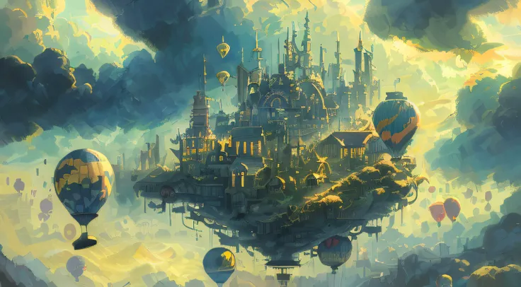 baloon city , floating town , cityscape, floating in the clouds with the help of giant baloons, 8k , sci-fi steampunk, fantasy style rendering, steampunk fantasy,((flat illustration:1.4))