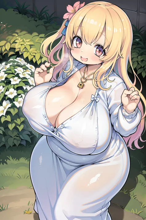 Flower Garden, Luxurious, Bright, glinting、Summer light、huge-breasted、bbw、Showers、From the top、Overhead view、Hands up、huge smile、chubby、Big buttocks、Maxi dress、Pull composition、Front button,wide shot