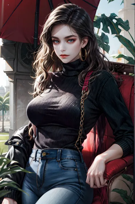 (masterpiece:1.2, best quality), 1lady, solo, upper body, big tits, Dark skinny jeans, oversized sweater, ankle boots, Loose waves, center part, simple hoop earrings, (in Park)