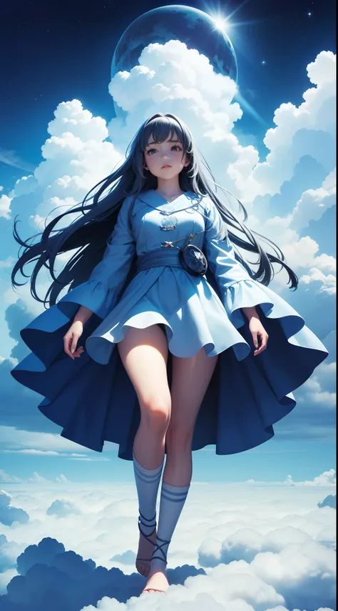 (A girl walking on a beautiful fluffy cloud,The feet are entangled in clouds,Sea of clouds at the feet of the girl:1.25),(Cowboy shot,Above Knee Portrait:1.25),Aerial view,concept-art,sky,ventania,Beautiful fluffy clouds,anime big breast,Flowers,surrealism...