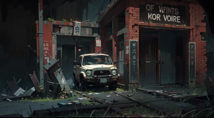 abandoned station,apocalypse setting,detailed truck,deteriorating walls,overgrown vegetation,cracked pavement,dusty atmosphere,broken windows,rusted metal,fading graffiti,flickering lights,desolate landscape,ominous clouds,burning fire in the distance,hazy...