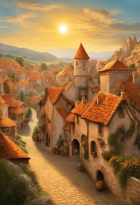 a sunny illustration of a medieval village from the movie Puss in Boots with shades of orange