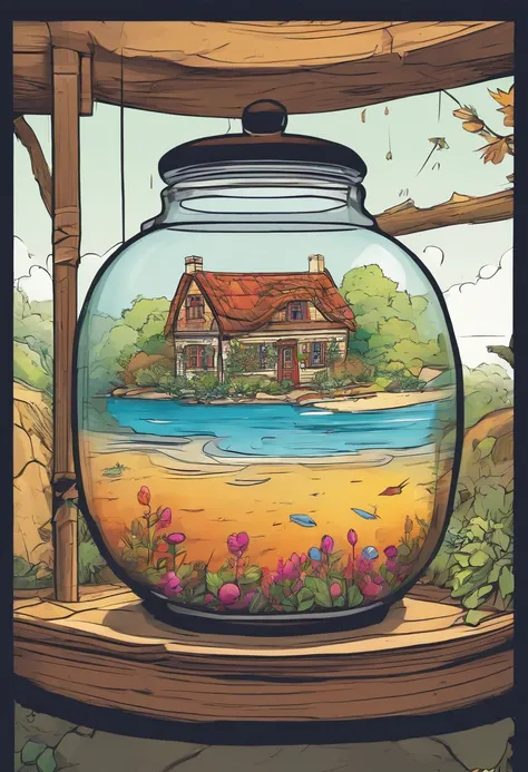 A glass jar with a cottage inside it