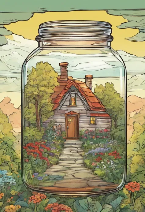 A glass jar with a cottage inside it