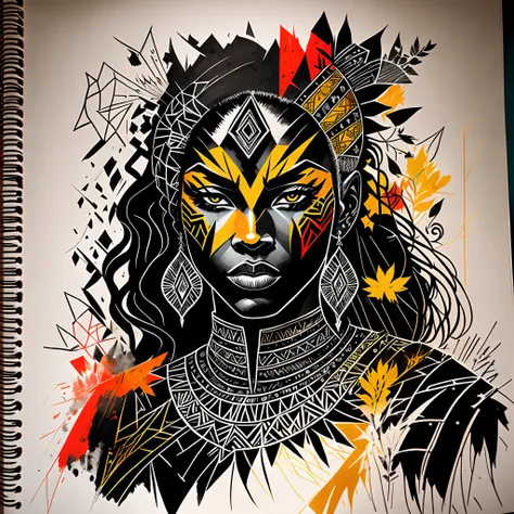 bits of color, furistic Sketch book, hand drawn, dark, gritty, realistic sketch, Rough sketch, mix of bold dark lines and loose lines, bold lines, on paper, black woman queen, earth-bender, leaves, tribal paint, light theme, --auto --s2