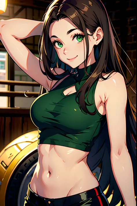 girl, dark brown wave hair, green eyes, big nose, open forehead, smile, real, human, mediun long hair, medium chest size, in sleeveless shirt, not vulgar