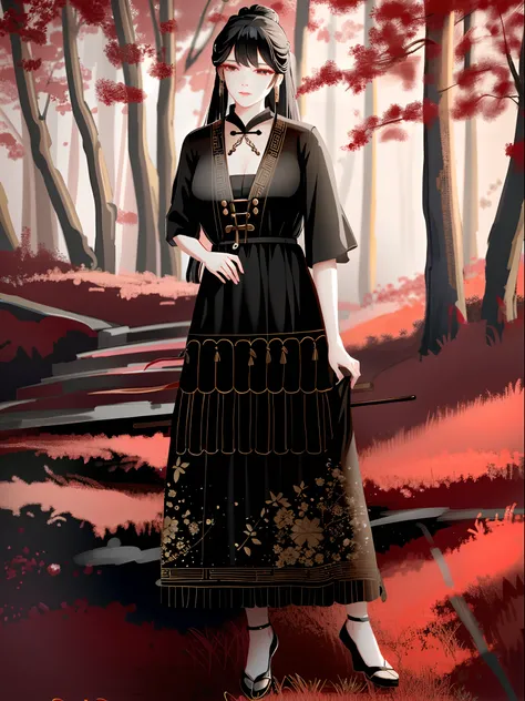 A woman in a black dress stands in the forest, Cheongsam, Hanfu, with acient chinese clothes, Traditional Chinese clothing, intricate hakama, Chinese style, wearing an elegant tribal outfit, Traditional clothing, Chinese traditional, black, Chiffon, Chines...