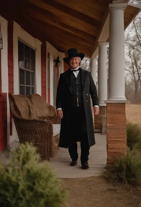 a man in a black pilgrims suit, standing on the porch, in the midwest, americana, upper body, close up, raw, [smiling:0.8], 8k uhd