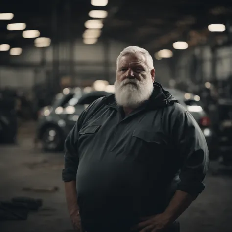 old fat pale man with grey beard on a diesel factory site, immersive, mercedes sls