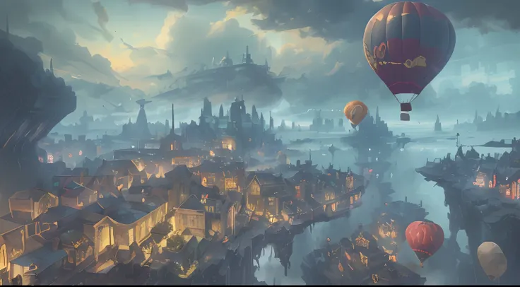 baloon city , floating town , cityscape, floating in the clouds with the help of giant baloons, 8k , sci-fi steampunk, fantasy style rendering, steampunk fantasy,((flat illustration:1.4))