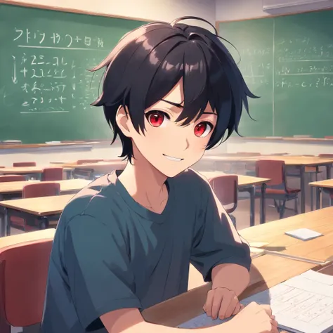 21-year-old boy，Black hair and red eyes，in class room，Detailed background description，blackboards。classroom desk，The evil smile shows the crazy side of desire。