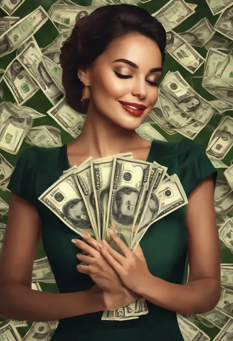 Por favor, Create an image that represents a satisfied and happy woman holding a large amount of money bills in her hands. The image should convey the feeling of contentment and prosperity due to the amount of money she is holding.