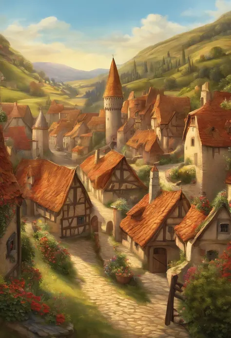 a sunny illustration of a medieval village from the movie Puss in Boots