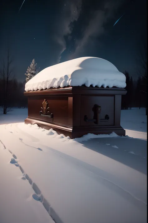 A painting of a funeral coffin in the snow, winter, eerie night time light, dark sky with stars.