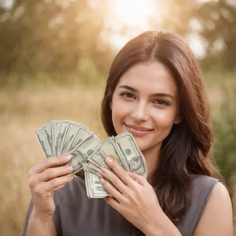 Por favor, Create an image that represents a satisfied and happy woman holding a large amount of money bills in her hands. The image should convey the feeling of contentment and prosperity due to the amount of money she is holding.