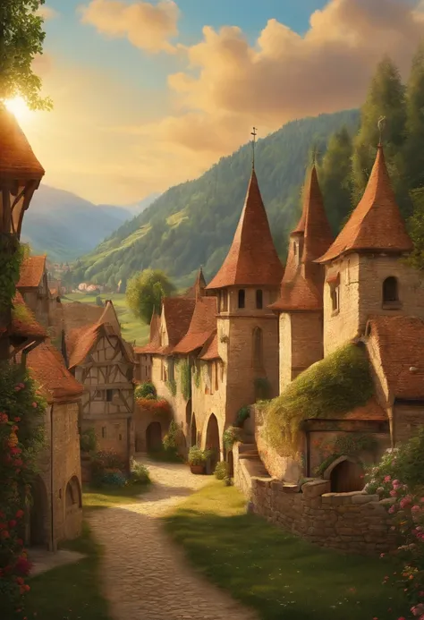 a sunny illustration of a medieval village from the movie