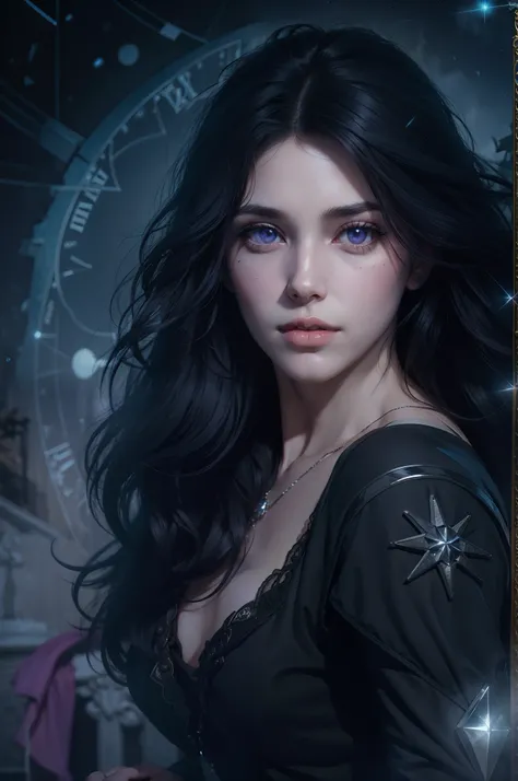 Beautiful woman resembling the Yennefer from The Witcher with long black hair and violet eyes bright as constellations, obra prima, ultra qualidade, 8k, cabelos caindo sobre seus ombros, in the background a cemetery