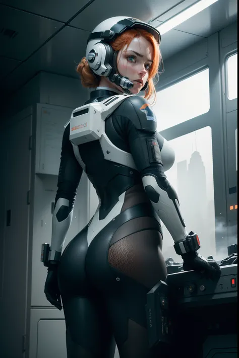 Highly detailed RAW color Photo, Rear Angle, Full Body, of (female space soldier, Dr. Sarah Mitchell, wearing black and white space suit, helmet, tined face shield, rebreather, outdoors, toned body, (sci-fi), (highly detailed, hyperdetailed, intricate), (l...