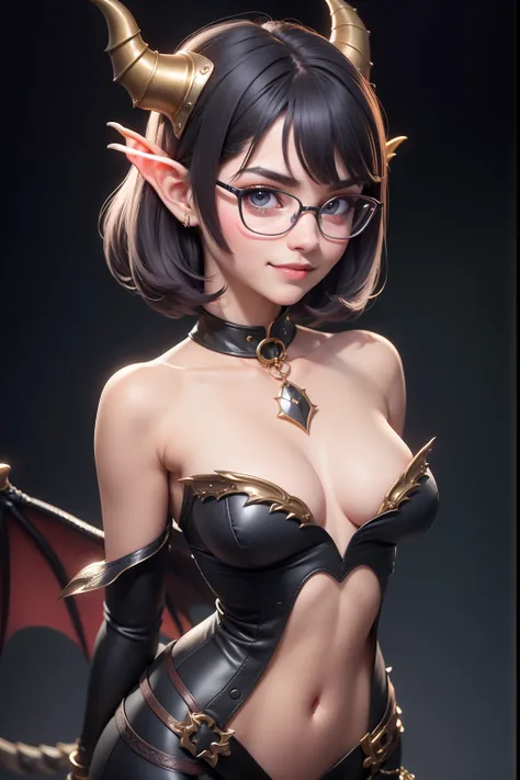 1 cute dragon race. girl (18yo) glasses, dark eyes, upper body, slim waist, natural small breast, sexy pose, seductive expression, bangs, random hairstyle, cleavage, navel, collar, collarbone, off shoulder, seductive smile, wear intricately detail hot and ...