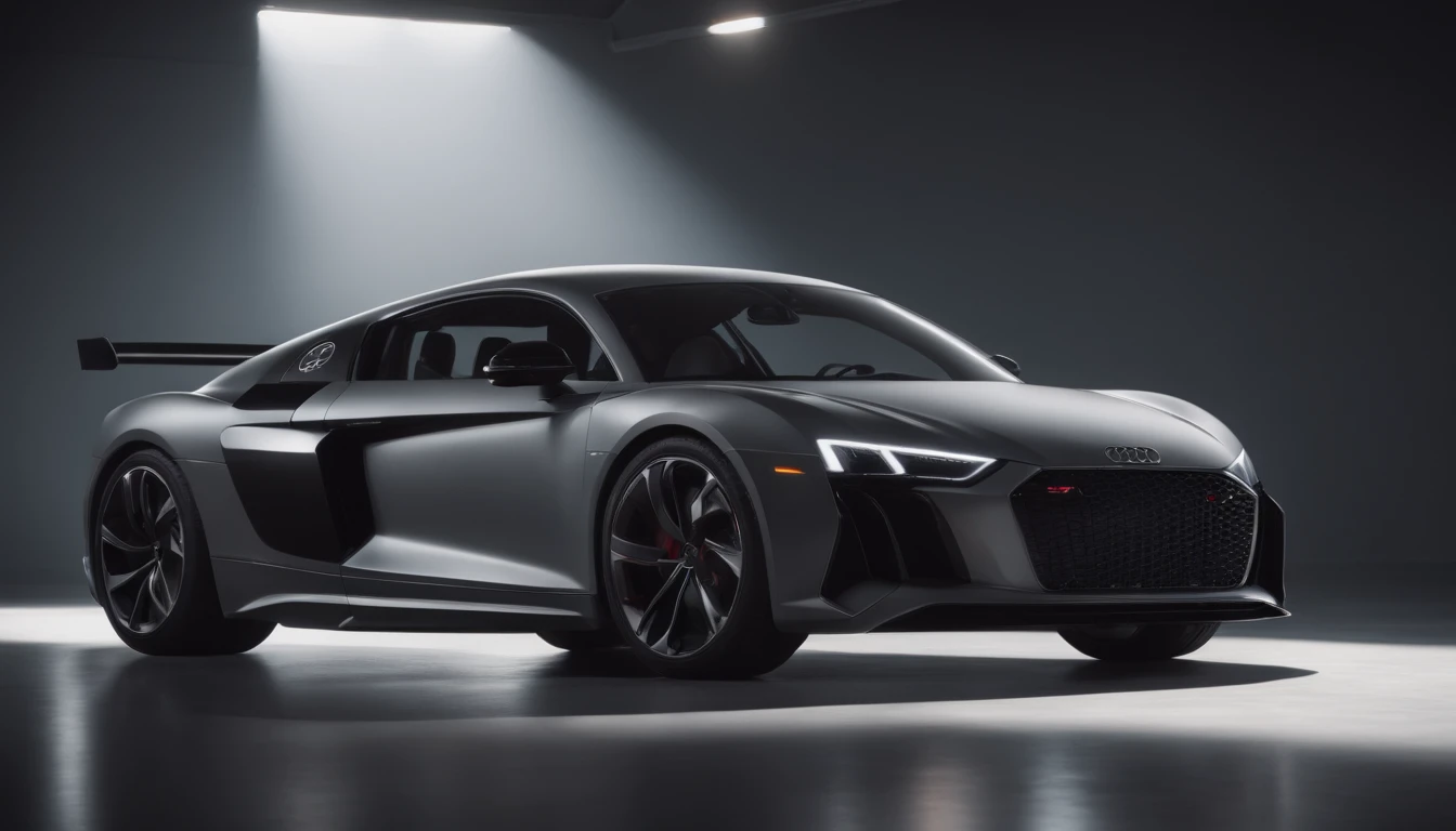 futuristic modern car from Audi from behind in a dark garage with some sunlight shining through, depth of field, cinematic lighting, ray tracing, reflection light, Hasselblad, highres, high details, ccurate