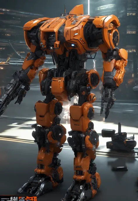 giant humanoid robot, battletech style, multibarrel rocket launchers, (arms replaced with weapons:1.7), masterpiece, black and orange colors