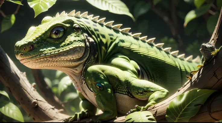 There is a lizard that is sitting on a branch of a tree, lagarto, reptile, Pose de lagarto, Basilisco de Langford, iguana, Lagartos, reptile, reptiles, reptile face, lizard head, lagartixa, hiperdetalhado!, basilisco, foto de retrato em close-up, closeup 4...