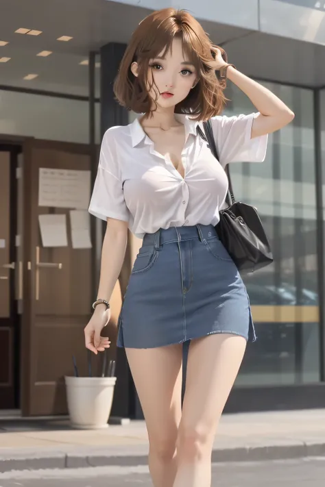 1girll, Short brown hair, Blue eyes, Wear a plain white shirt，Clothes are not buttoned，Hotel，Office uniforms，Denim skirt, A high resolution, ultrasharp, 8K, Masterpiece, perfect bodies，Full body diagram，huge tit，Black milk cover，beautifullegs