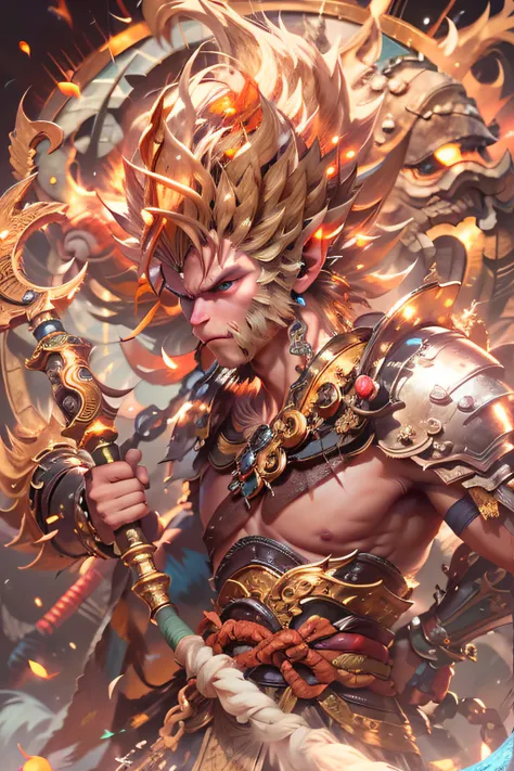 (masterpiece, best details), mythical creature, sun wukong, golden hair, wear golden circlet, wear traditional garb armor, holdi...