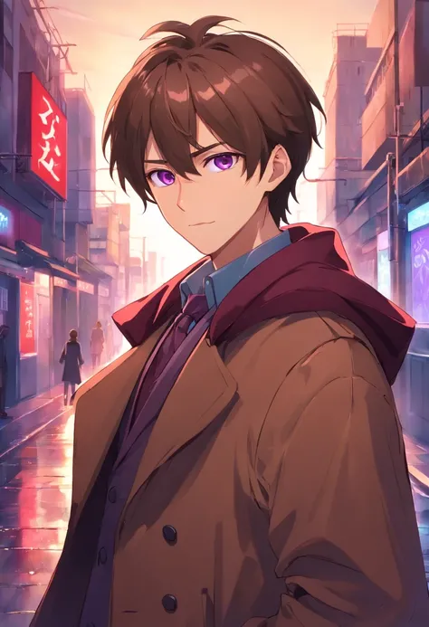 a anime guy with short brown hair, wearing a brown overcoat, vampire teeths with blood, blood on his face, shining purple eyes